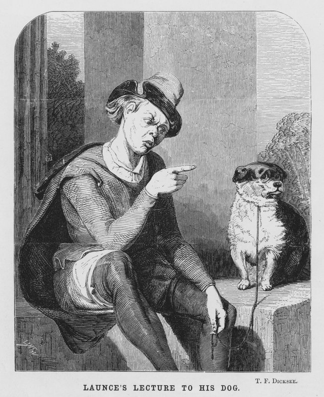 Launces foredrag til sin hund, to herrer fra Verona (gravering) af Thomas Francis (after) Dicksee
