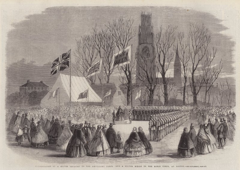 Præsentation af en sølvtrompet til Artillery Corps og en Silver Bugle til Rifle Corps i Boston af Thomas Harrington Wilson
