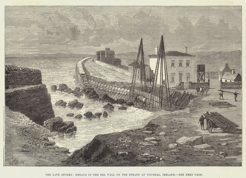 De sene storme, brud på havmuren på stranden ved Youghal, Irland af Thomas Harrington Wilson