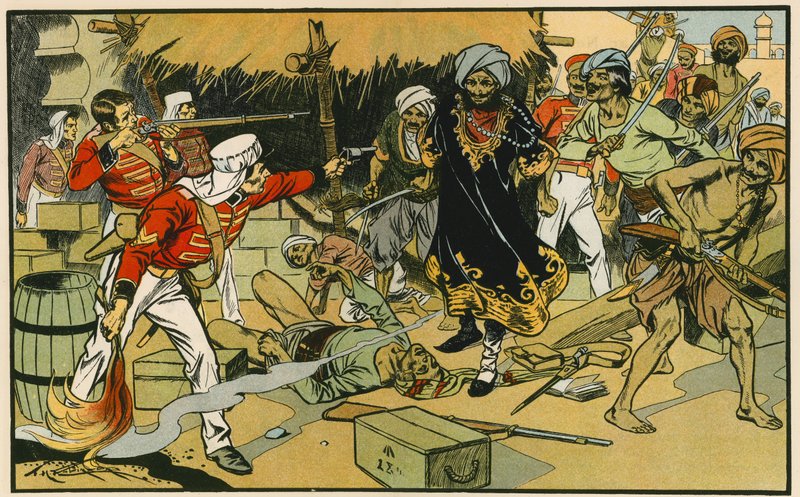 Ødelæggelse af magasinet i Delhi (farvelitografi) af Thomas Heath Robinson