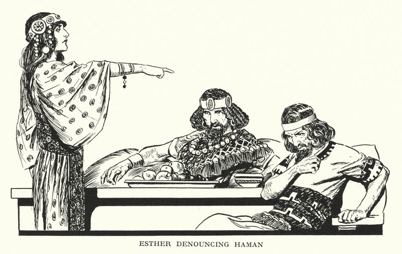 Ester fordømmer Haman (litografi) af Thomas Heath Robinson