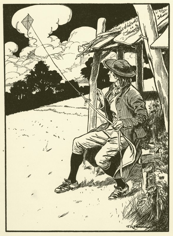 Franklin og hans drage (kobberstik) af Thomas Heath Robinson