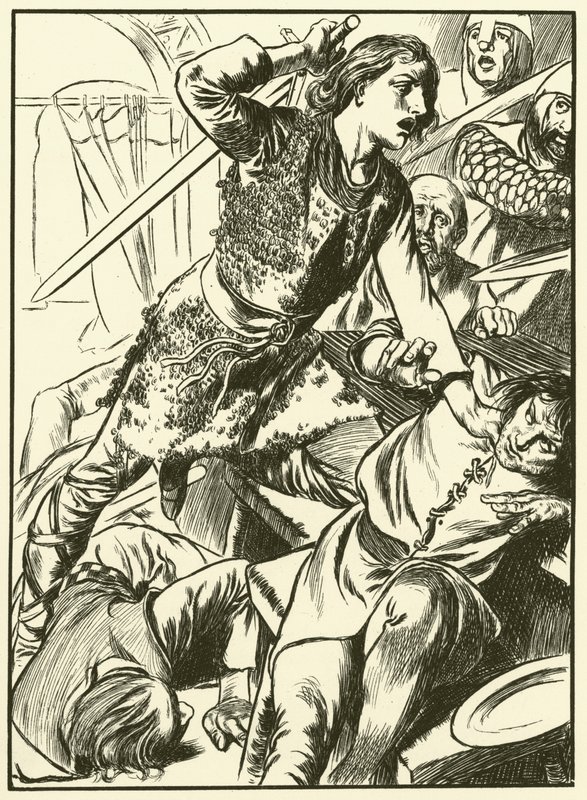 Hereward og hans mænd angriber normannerne (kobberstik) af Thomas Heath Robinson