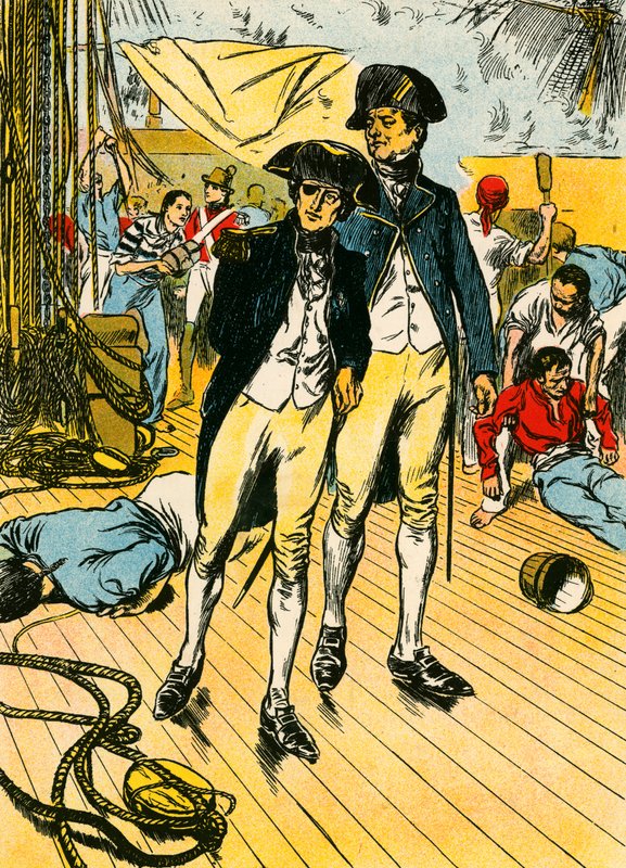 Nelson på "Victory" ved Trafalgar (farvelitografi) af Thomas Heath Robinson