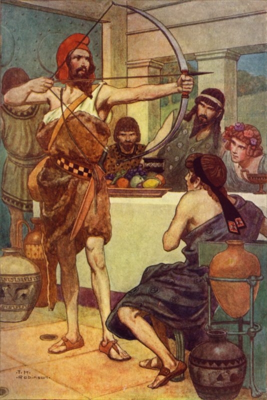 Odysseus straffer bejlerne (farvelitografi) af Thomas Heath Robinson