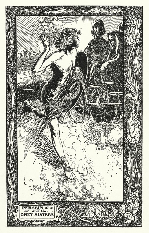Perseus og de grå søstre (litografi) af Thomas Heath Robinson