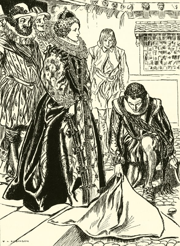 Raleigh breder sin kappe ud foran Elizabeth (kobberstik) af Thomas Heath Robinson