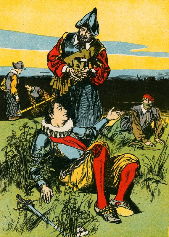 Sir Philip Sidney og den døende soldat (farvelitografi) af Thomas Heath Robinson