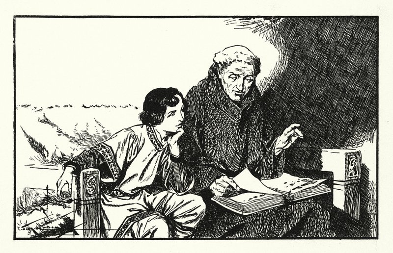 Den kommende kong Alfred bliver uddannet (litografi) af Thomas Heath Robinson
