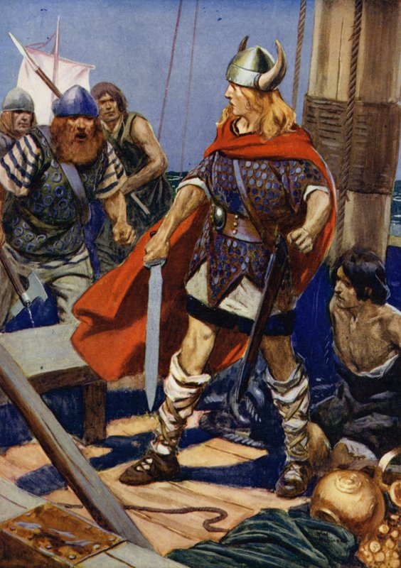 Robåden klappede til siden, og ud af den sprang ulven Guldred med Ulgar og en anden til at støtte ham: scene fra Stormen på Rovan Hold (farvelitografi) af Thomas Heath Robinson