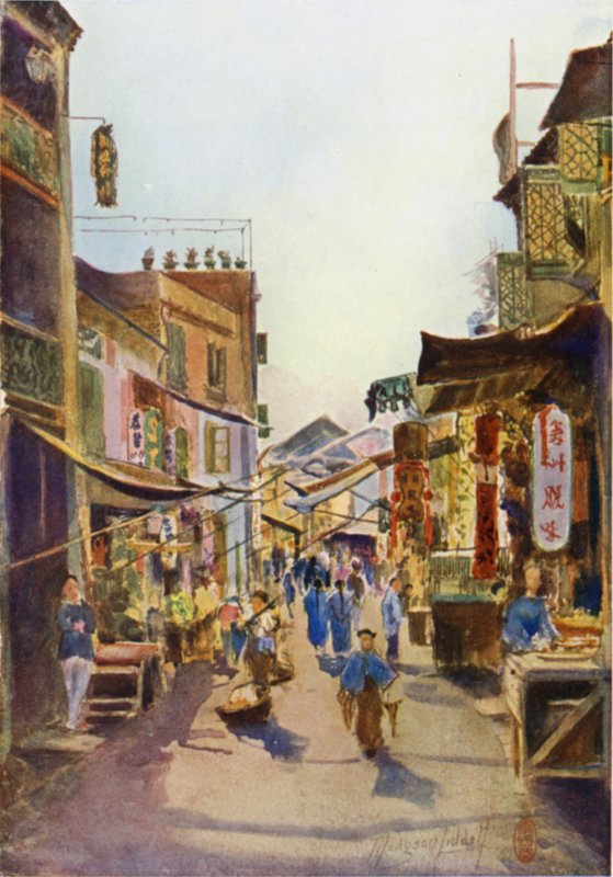 En gade i Macao (farve litho) af Thomas Hodgson Liddell