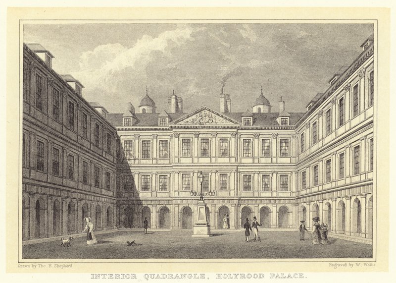 Interiør Quadrangle, Holyrood Palace (gravering) af Thomas Hosmer (after) Shepherd