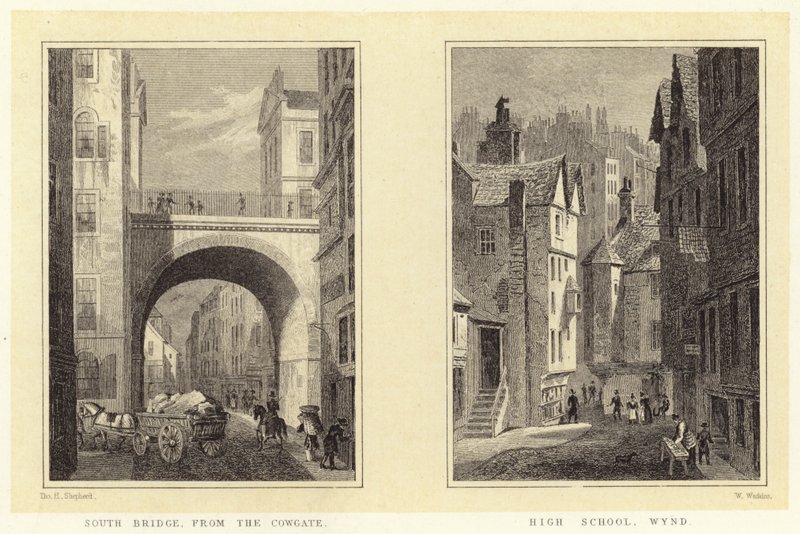 South Bridge, fra Cowgate; High School, Wynd (gravering) af Thomas Hosmer (after) Shepherd