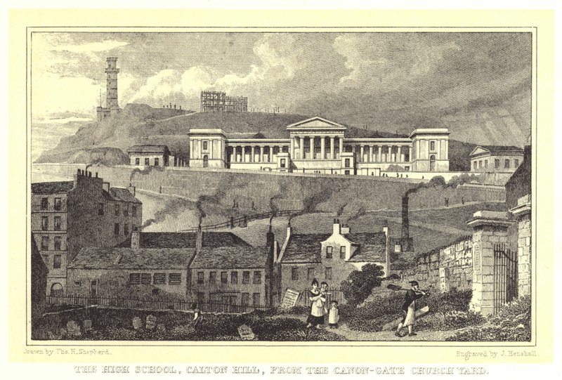 High School, Calton Hill, fra Canon-Gate Church Yard (gravering) af Thomas Hosmer (after) Shepherd