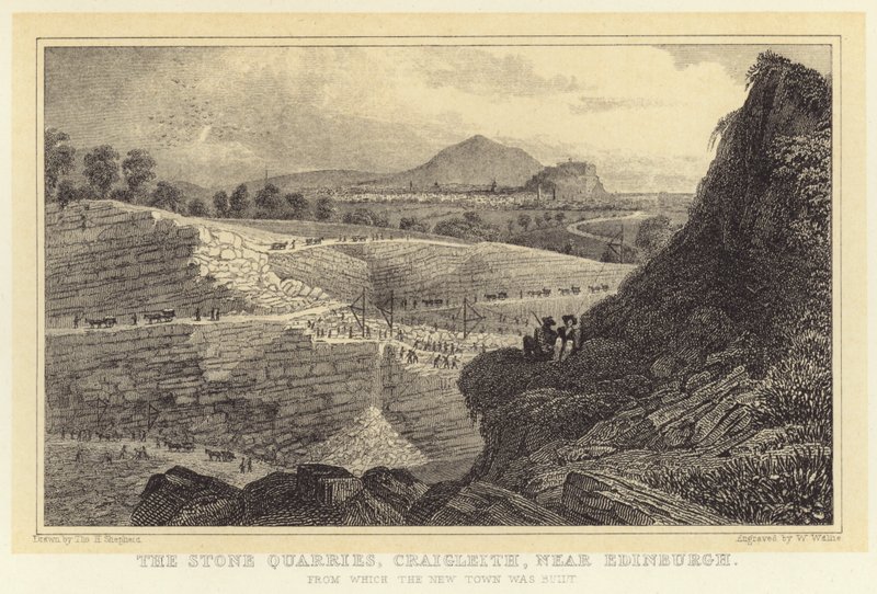 Stenbrudene, Craigleith, nær Edinburgh, hvorfra den nye by blev bygget (gravering) af Thomas Hosmer (after) Shepherd