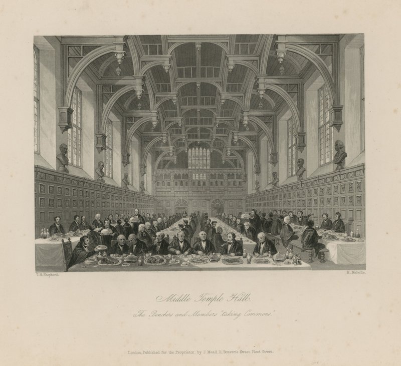 Bænke og medlemmer, der "indtager fællesarealer" i Middle Temple Hall af Thomas Hosmer Shepherd