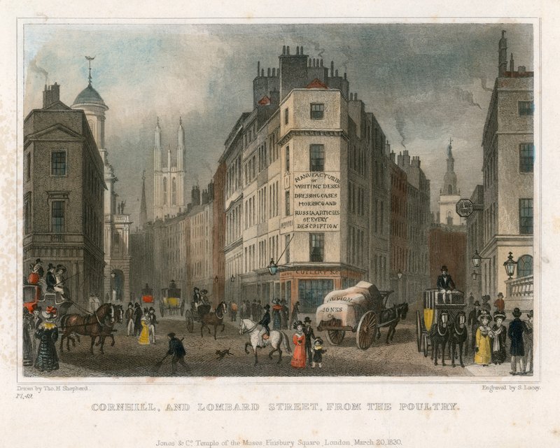 Cornhill og Lombard Street, London, fra fjerkræet af Thomas Hosmer Shepherd