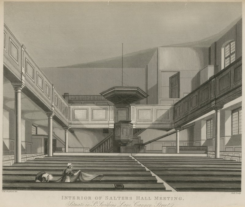 Interiør af Salters Hall Meeting, beliggende i St Swithins Lane, Cannon Street, London af Thomas Hosmer Shepherd