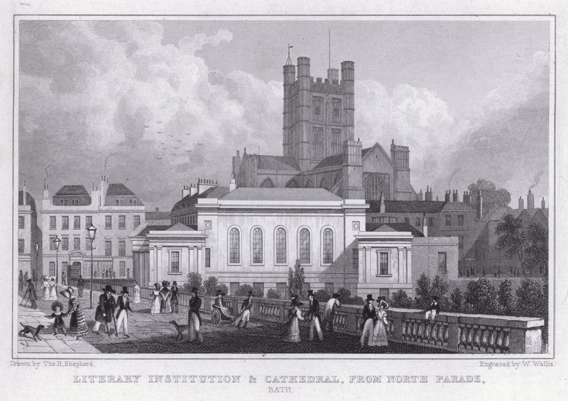 Litterær institution og katedral, fra North Parade, Bath (gravering) af Thomas Hosmer Shepherd