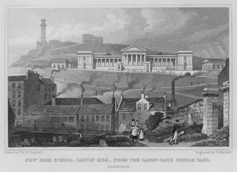 New High School, Calton Hill, fra Canongate Churchyard, Edinburgh (gravering) af Thomas Hosmer Shepherd