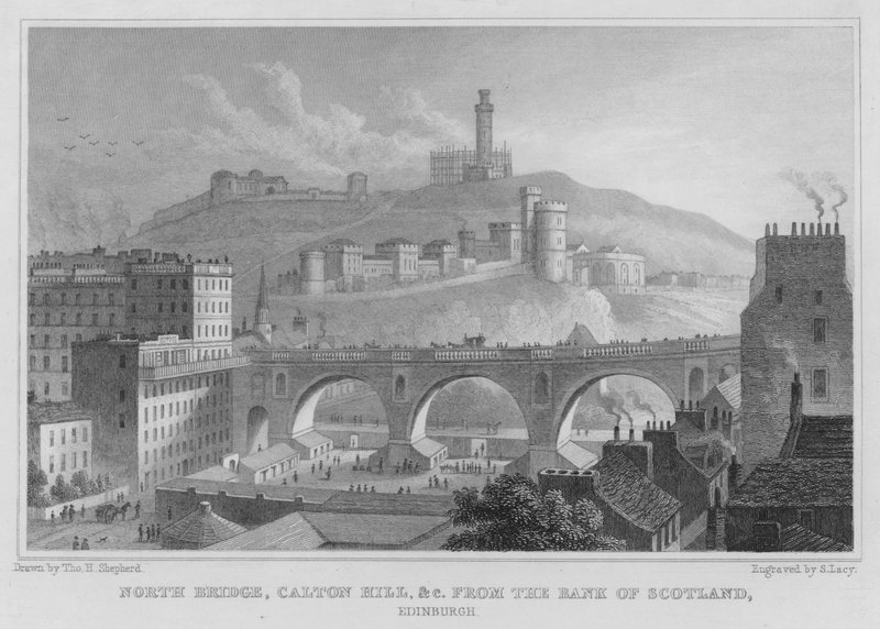 North Bridge, Calton Hill osv. fra Bank of Scotland, Edinburgh (gravering) af Thomas Hosmer Shepherd