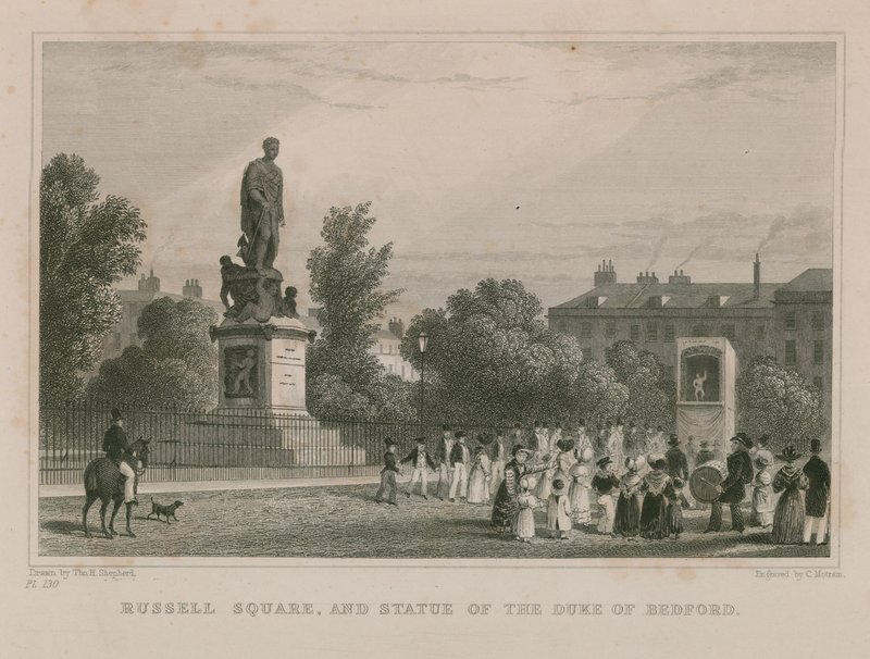 Russell Square og statue af hertugen af Bedford af Thomas Hosmer Shepherd