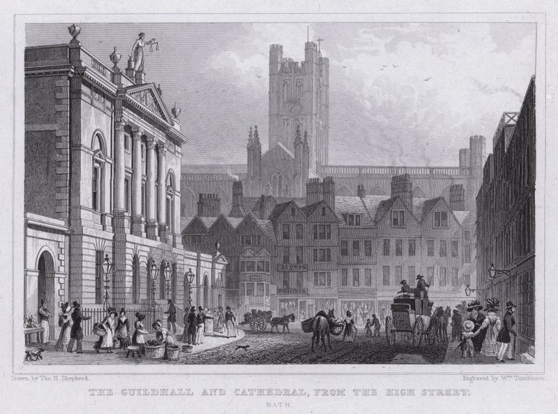 The Guildhall and Cathedral, fra High Street, Bath (gravering) af Thomas Hosmer Shepherd