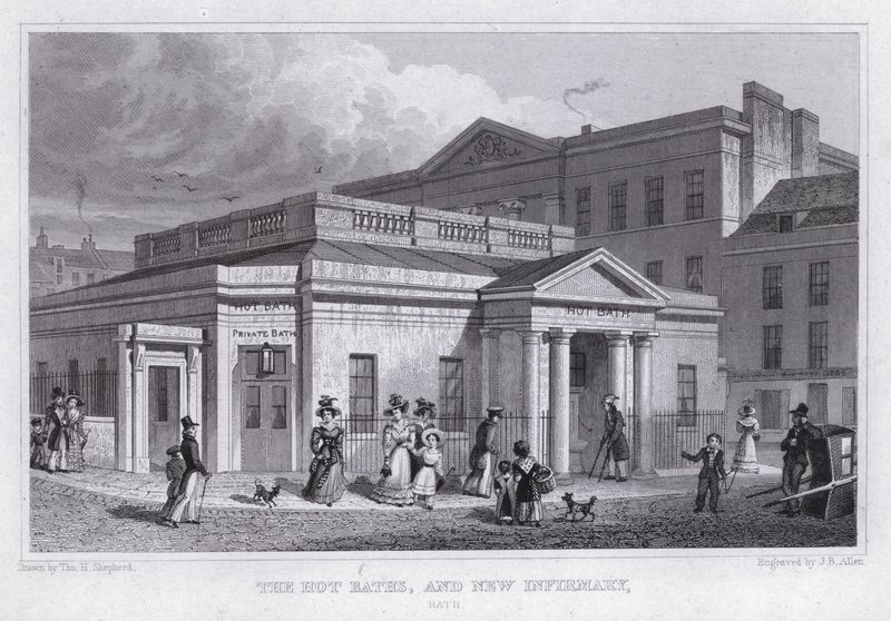 The Hot Baths og New Infirmary, Bath (gravering) af Thomas Hosmer Shepherd
