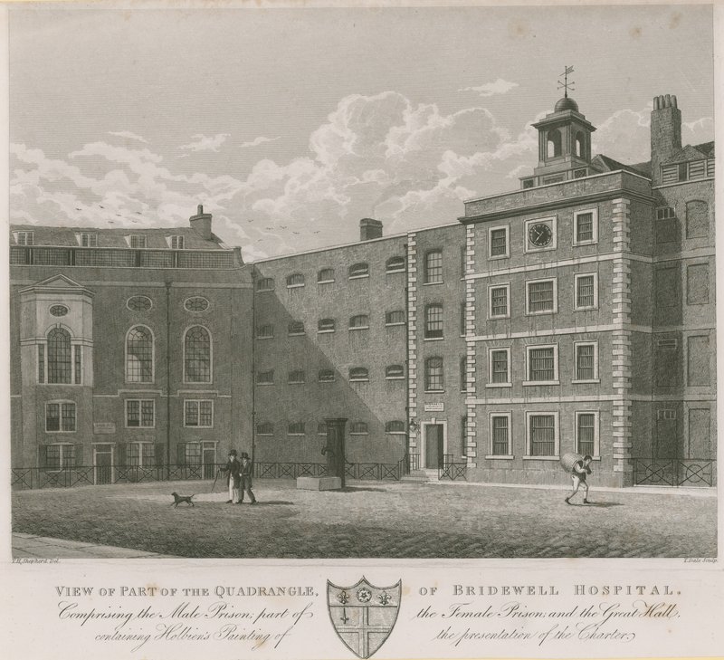 Udsigt over en del af firkanten af Bridewell Hospital af Thomas Hosmer Shepherd