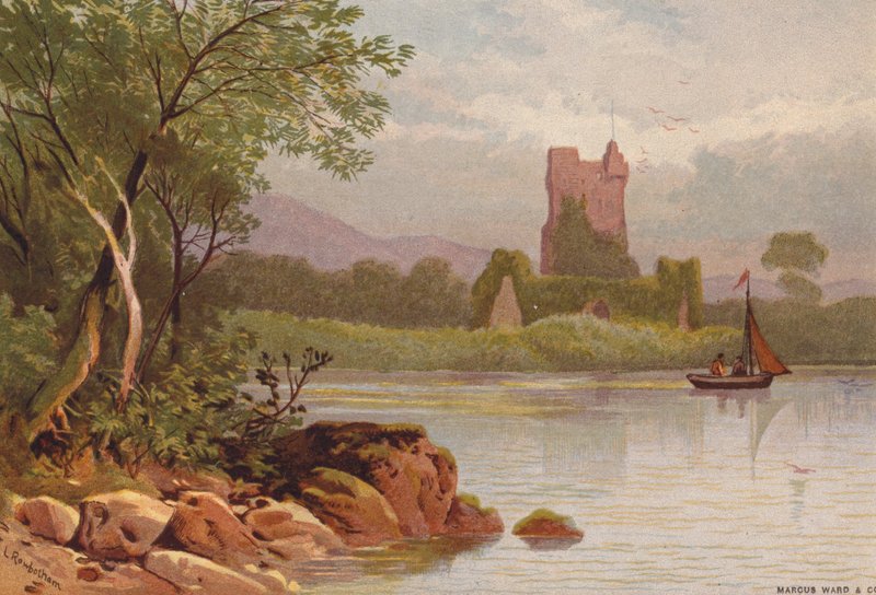 Killarney Lakes, Ross Castle (farve litho) af Thomas Leeson the Elder Rowbotham