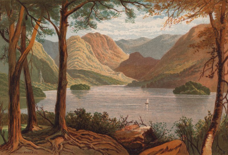De engelske søer, Derwentwater (farve litho) af Thomas Leeson the Elder Rowbotham