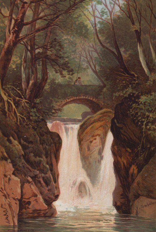 The English Lakes, Rydal Falls (farve litho) af Thomas Leeson the Elder Rowbotham