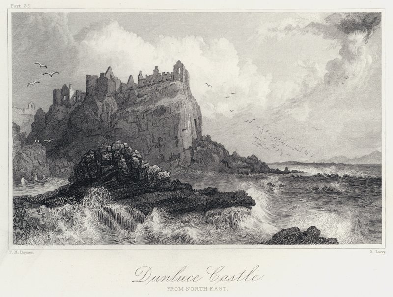 Dunluce Castle, fra det nordøstlige (gravering) af Thomas Mann (after) Baynes