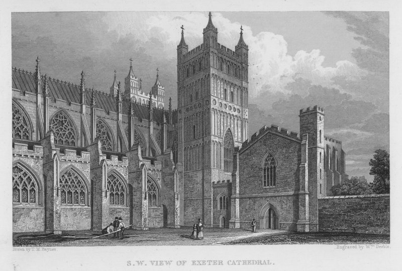 South West View af Exeter Cathedral (gravering) af Thomas Mann (after) Baynes