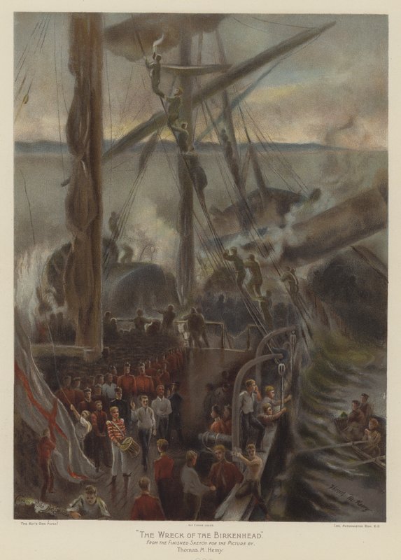 The Wreck of the Birkenhead (farve litho) af Thomas Marie Madawaska Hemy