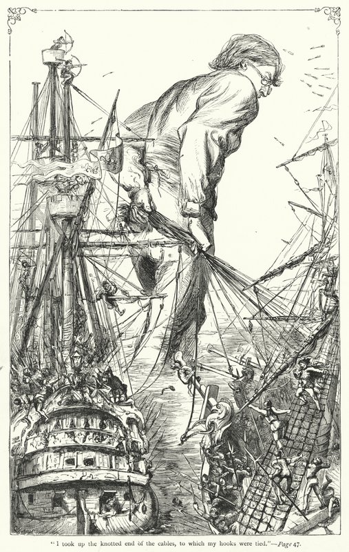 Illustration til Gullivers rejser af Jonathan Swift (gravering) af Thomas Morten