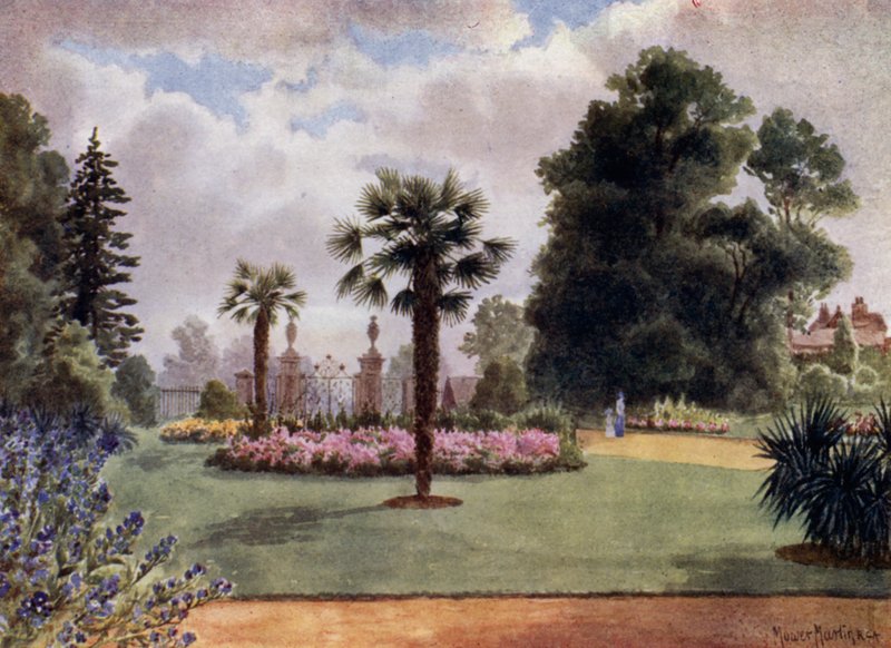 Kew Gardens: Palmetræerne og hovedporten (farve litho) af Thomas Mower Martin