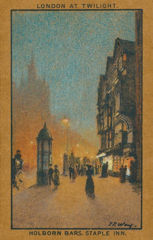 London i tusmørket: Holborn Bars, Staple Inn (farvelitografi) af Thomas Robert Way