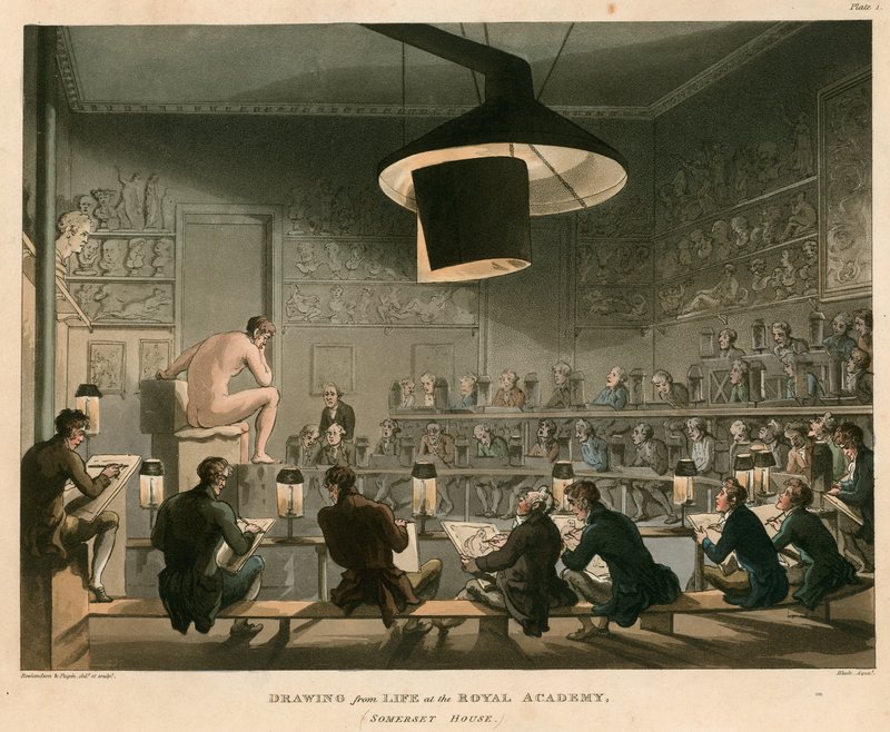 Tegning fra livet på Royal Academy, Somerset House, Strand, London af Thomas Rowlandson