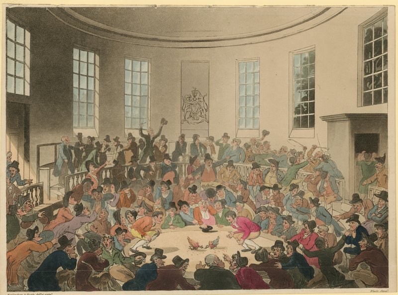Illustration, der viser en menneskemængde, der ser en hanekamp af Thomas Rowlandson
