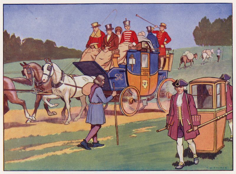 Coach-and-fire, sedanstol og pakheste (farve litho) af Thomas William Holmes