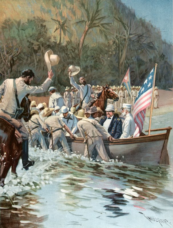 General Shafter og admiral Sampson lander på stranden ved Aserradero den 20. juni for at konferere med general Garcia af Thure de Thulstrup