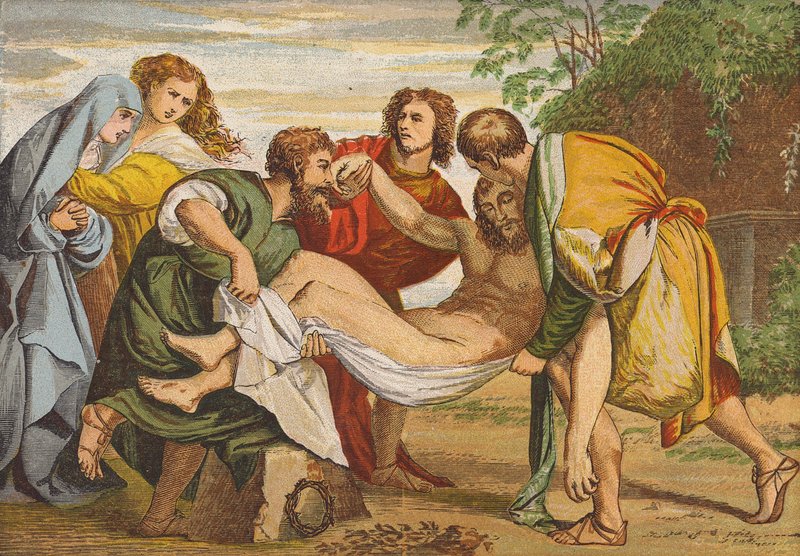 Josef af Arimatæa lægger Jesu lig i sin egen grav (farvelitografi) af Titian (c.1488 1576) (after)