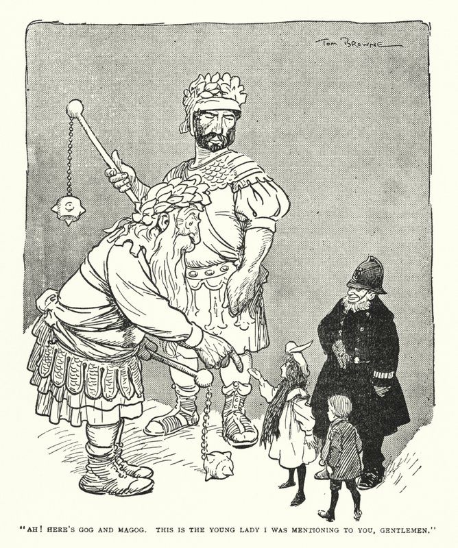"Ah! Her er Gog og Magog, det er den unge dame, jeg nævnte for jer, mine herrer" (litho) af Tom Browne
