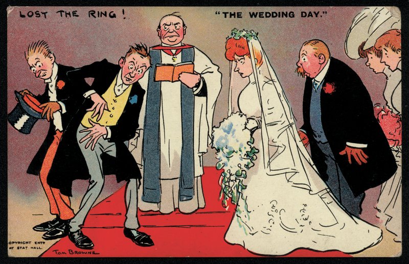 Brudgom og bedste mand kan ikke finde ringen ved et bryllup (chromolitho) af Tom Browne