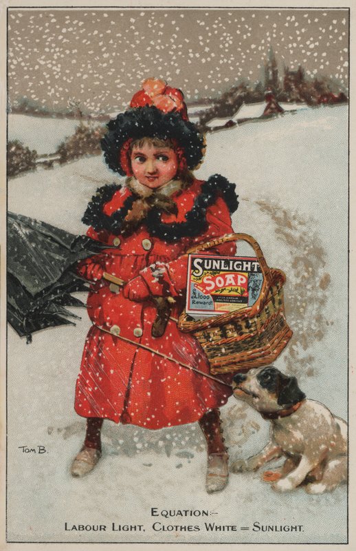 Pige går hjem i sneen: reklame for Sunlight sæbe (chromolitho) af Tom Browne