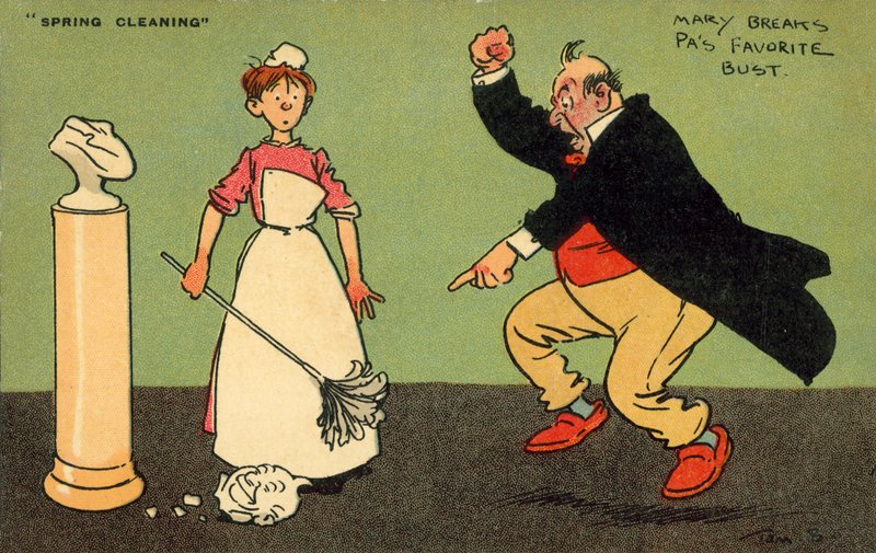 Mary knækker fars yndlingsbuste (farve litho) af Tom Browne