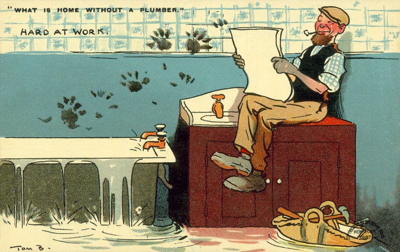 Blikkenslager, hårdt arbejde (chromolitho) af Tom Browne
