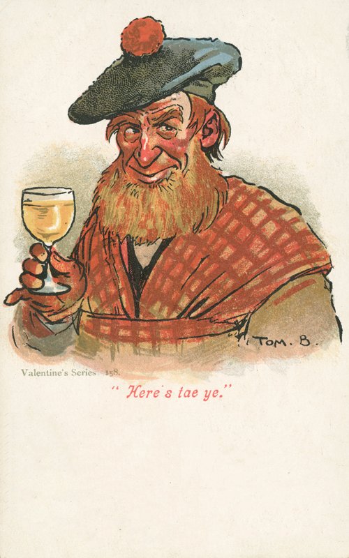 Skotte hæver et glas (farve litho) af Tom Browne