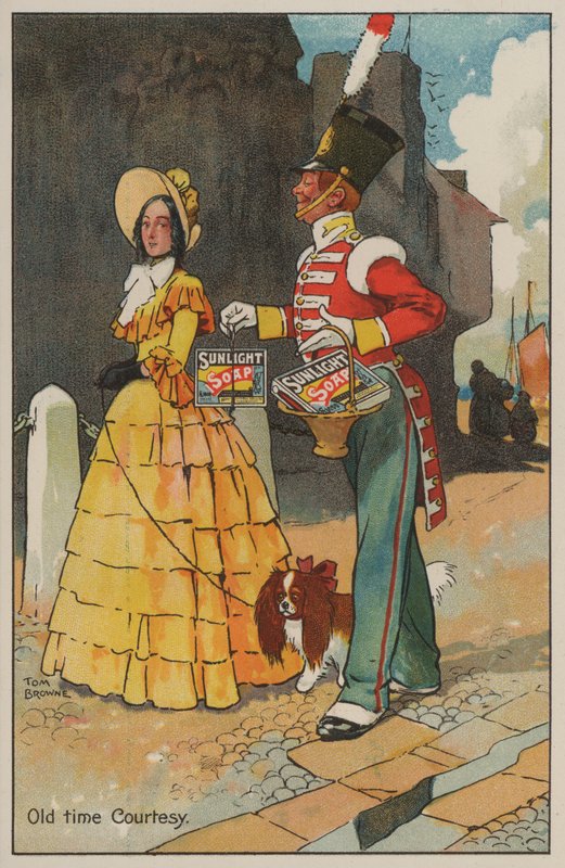 Soldat og kvinde i georgisk kjole: reklame for Sunlight sæbe (farve litho) af Tom Browne